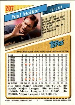 1993 Topps - Inaugural Rockies #207 Paul Molitor Back