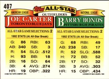1993 Topps - Inaugural Rockies #407 Barry Bonds / Joe Carter Back