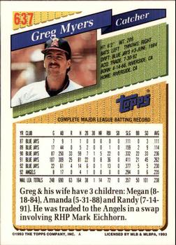 1993 Topps - Inaugural Rockies #637 Greg Myers Back