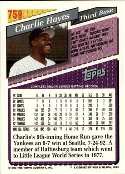 1993 Topps - Inaugural Rockies #759 Charlie Hayes Back