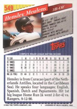 1993 Topps - Inaugural Rockies #549 Hensley Meulens Back
