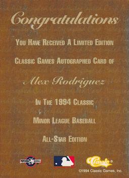 1994 Classic - Autographs #NNO Alex Rodriguez Back