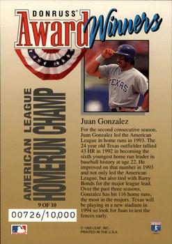 1994 Donruss - Award Winners Jumbo #9 Juan Gonzalez Back