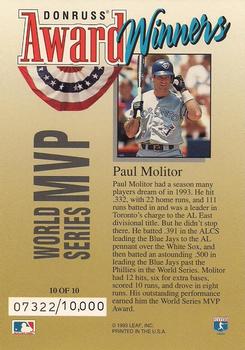 1994 Donruss - Award Winners Jumbo #10 Paul Molitor Back
