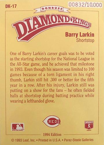 1994 Donruss - Diamond Kings Jumbo #DK-17 Barry Larkin Back
