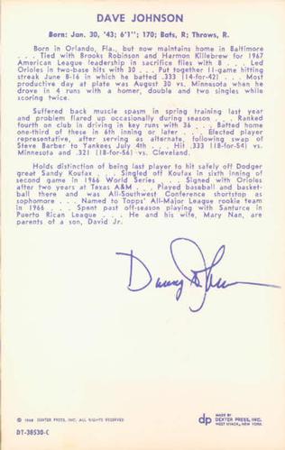 1968 Dexter Press Baltimore Orioles #7 Dave Johnson Back