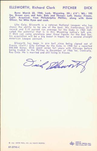1968 Dexter Press Boston Red Sox #5 Dick Ellsworth Back