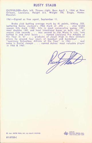 1968 Dexter Press Houston Astros #11 Rusty Staub Back