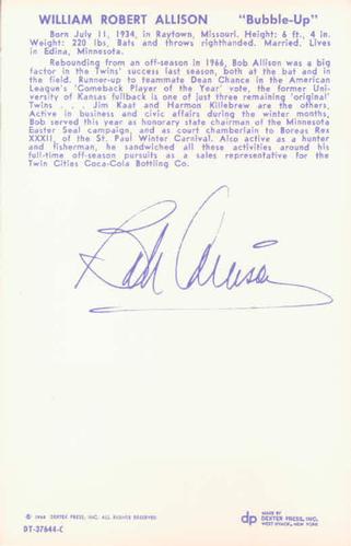 1968 Dexter Press Minnesota Twins #1 Bob Allison Back