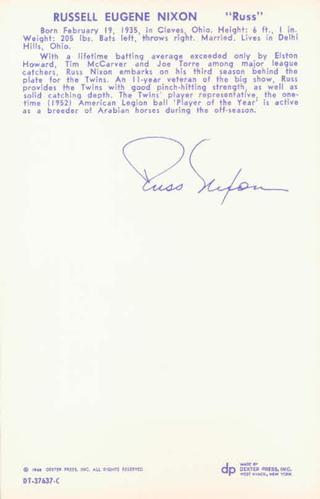 1968 Dexter Press Minnesota Twins #7 Russ Nixon Back
