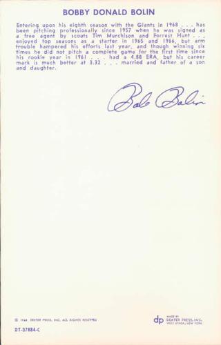 1968 Dexter Press San Francisco Giants #2 Bobby Bolin Back
