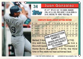 1993 Topps - 1994 Topps Pre-Production Samples #34 Juan Gonzalez Back