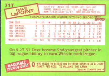 1985 Topps Traded #71T Dave LaPoint Back