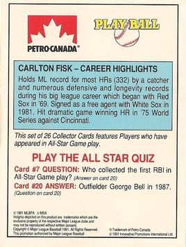 1991 Petro Canada All-Star FanFest Standups #7 Carlton Fisk Back