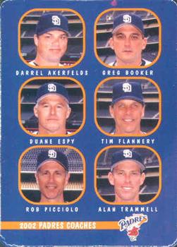 2002 Keebler San Diego Padres SGA #28 Coaches (Darrel Akerfelds / Greg Booker / Duane Espy / Tim Flannery / Rob Picciolo / Alan Trammell) Front