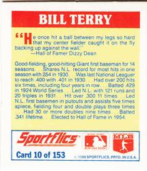 1989 Sportflics - The Unforgetables #10 Bill Terry Back