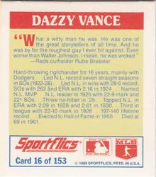 1989 Sportflics - The Unforgetables #16 Dazzy Vance Back