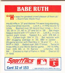 1989 Sportflics - The Unforgetables #32 Babe Ruth Back