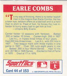 1989 Sportflics - The Unforgetables #44 Earle Combs Back