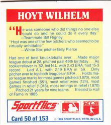 1989 Sportflics - The Unforgetables #50 Hoyt Wilhelm Back