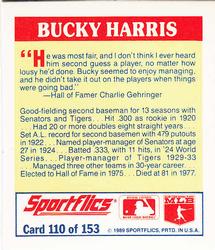 1989 Sportflics - The Unforgetables #110 Bucky Harris Back
