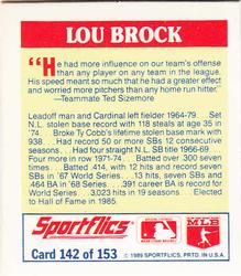 1989 Sportflics - The Unforgetables #142 Lou Brock Back