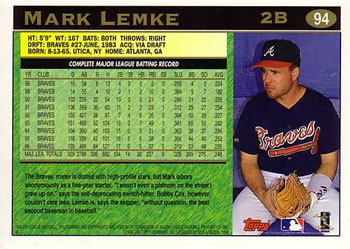 1997 Topps #94 Mark Lemke Back