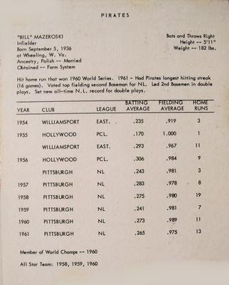 1962 Kahn's Wieners #NNO Bill Mazeroski Back