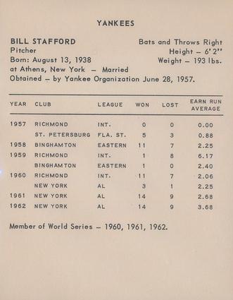 1963 Kahn's Wieners #NNO Bill Stafford Back
