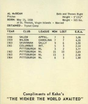 1965 Kahn's Wieners #NNO Al McBean Back