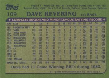 1982 Topps - Blackless #109 Dave Revering Back