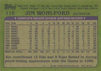 1982 Topps - Blackless #116 Jim Wohlford Back
