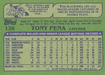 1982 Topps - Blackless #138 Tony Pena Back