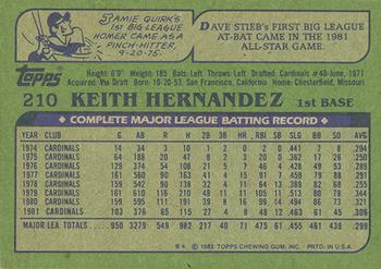 1982 Topps - Blackless #210 Keith Hernandez Back