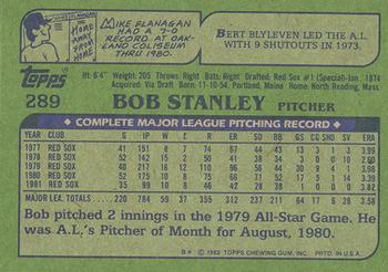 1982 Topps - Blackless #289 Bob Stanley Back