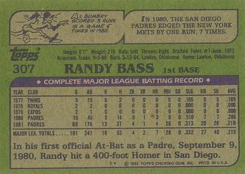 1982 Topps - Blackless #307 Randy Bass Back