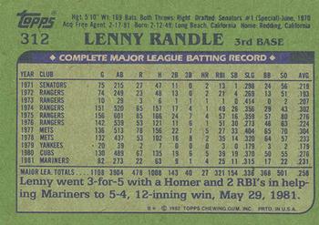 1982 Topps - Blackless #312 Lenny Randle Back