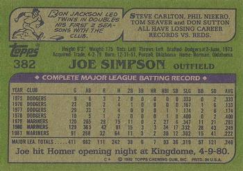 1982 Topps - Blackless #382 Joe Simpson Back