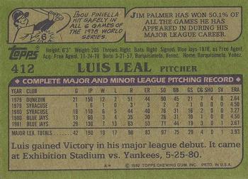1982 Topps - Blackless #412 Luis Leal Back