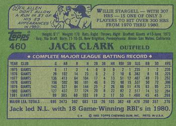 1982 Topps - Blackless #460 Jack Clark Back