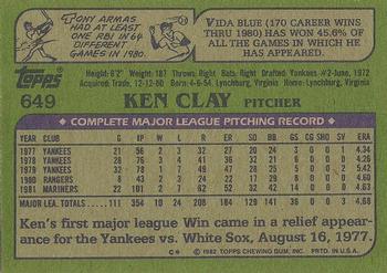 1982 Topps - Blackless #649 Ken Clay Back