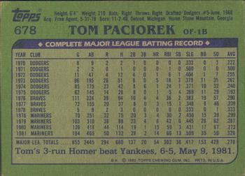 1982 Topps - Blackless #678 Tom Paciorek Back