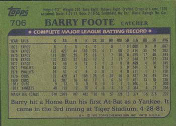1982 Topps - Blackless #706 Barry Foote Back