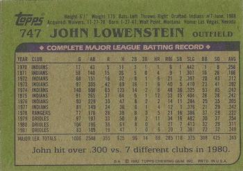 1982 Topps - Blackless #747 John Lowenstein Back