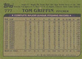 1982 Topps - Blackless #777 Tom Griffin Back