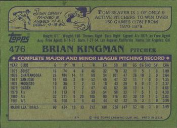 1982 Topps - Blackless #476 Brian Kingman Back