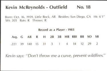1984 San Diego Padres Smokey #NNO Kevin McReynolds Back