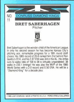 1986 Donruss #11 Bret Saberhagen Back