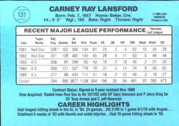 1986 Donruss #131 Carney Lansford Back