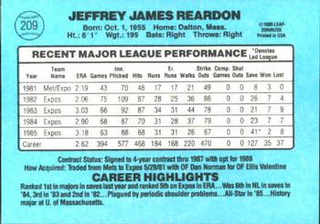 1986 Donruss #209 Jeff Reardon Back